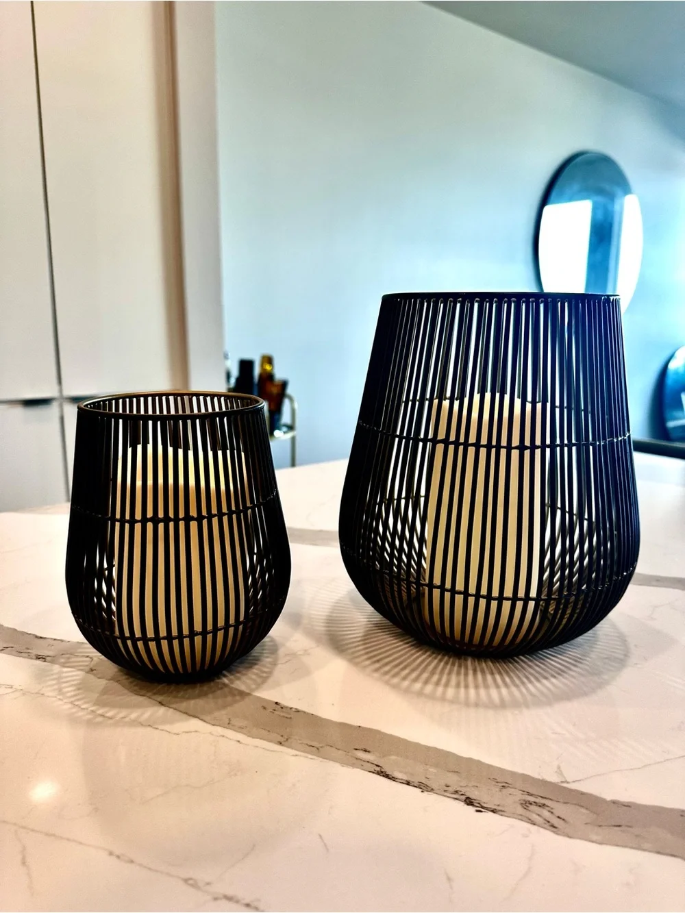 Crate & Barrel Kent Wire Hurricane Set + LED Flameless Votive Candles - 6” & 9”
